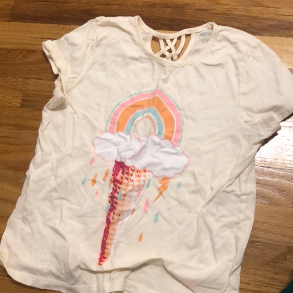 Ice Cream and Rainbow Image with Peach Backround, Short Sleeve Shirt Girls XL 14